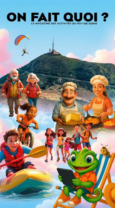 Illustration du magazine des activités et loisirs à faire dans le Puy-de-Dôme, montrant des personnes pratiquant le parapente, le vélo et le canoë devant un paysage volcanique.